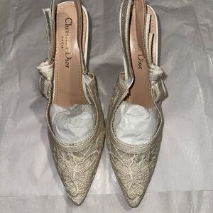 Dior Cream Lace Pointed Slingback Pumps with Bow